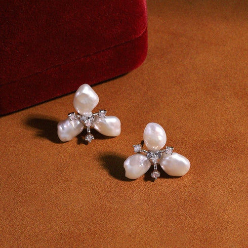 Three-Leaf Flower Keshi Pearl Petal Earrings